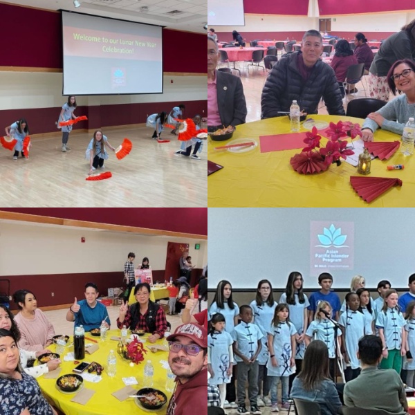 This image is a collage of four separate photographs, each depicting different scenes from a Lunar New Year celebration held indoors.  Top Left: A group of young people dressed in light blue outfits is performing a dance in a large hall with a wooden floor. They are holding and moving with bright orange-red fans. A large screen at the back shows the text, "Welcome to our Lunar New Year Celebration," with a logo underneath it.  Top Right: Three individuals are seated around a table covered with a yellow tablecloth, engaged in conversation and smiling at the camera. The table has decorative items, including red floral decorations, bottles of water, and various small objects.  Bottom Left: A group of five people is seated at another table with a yellow tablecloth. They are eating from bowls of food and appear to be enjoying the event. The atmosphere is casual and friendly, with a few people giving thumbs up to the camera.  Bottom Right: A group of children dressed in light blue attire and adults are standing on a stage, seemingly preparing to perform or participate in a program. Behind them is a screen displaying the text and logo of the event.